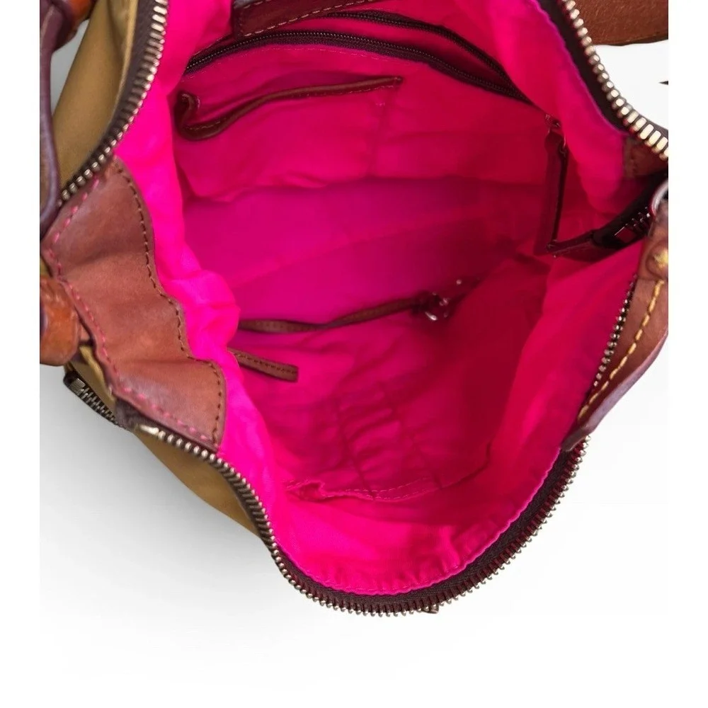 VTG Dooney Bourke Nylon Hobo Yellow Pink Lined Duck Logo Shoulder W/Leather Trim